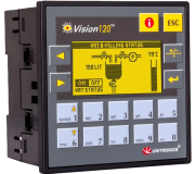 PLC^HMI Vision120, 2.4in graphic STN LCD, 16 keys, input 12DI| 1HSC, 2D/A/TC bit, output 12| 10pnp, 20..10V/ 4..20mA 12bit, RTC, 2x RS232, RS485, sv 24VDC, IP65/66 ^NEMA4X