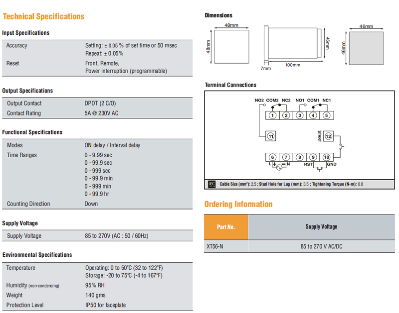 Xt56 N Cu Aegrelee Xt56 Countdown On Off Delay 0 9 99s 99 9h Dpdt 2co 5a 230vac 24vdc Set Point Pulse Start Reset Front Remote Power Interruption Pushwheel Switch Led Display 1x3 Sv 90 270vac Dc 48x48 45x45mm Selec Elit
