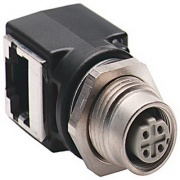 Bulkhead Adapter, M12 to RJ45, IP20 » IP67, cat.5e, right angle, 4A 32V