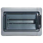 SM Distribution Box Plexo³, 18M, 63A 400VAC, PEN 17^17, reinforced polystyrene ^PC, -25..40°C, incl. 14 cable glands, UV-stable, HF, cl. II, IP65 IK09, transparent^grey