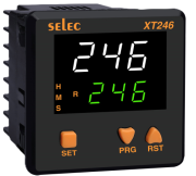 XT246A| Digital Timer, dual display| 3dig. 7seg. LED, ON delay ^interval ^cyclic ON first ^cyclic OFF first (up/down counting)| 0..9.99..99.9min..999h acc. 0.05s, 1 set point, 2CO (SPDT) 5A 250VAC/ 24VDC, sv 90..270VAC, ■76x76/□69x69
