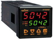 XT5042| Digital Timer, dual display| 4dig. 7seg. LED, 7funct. (count up/down)| 0..99.99s..9999h, 2CO (SPST) 5A 250VAC/ 24VDC, pulse ^gate start, 2x set point, reset| front ^remote ^power interruption, sv 24VAC/DC/ 85..270VAC, ■48x48/ □45x45mm